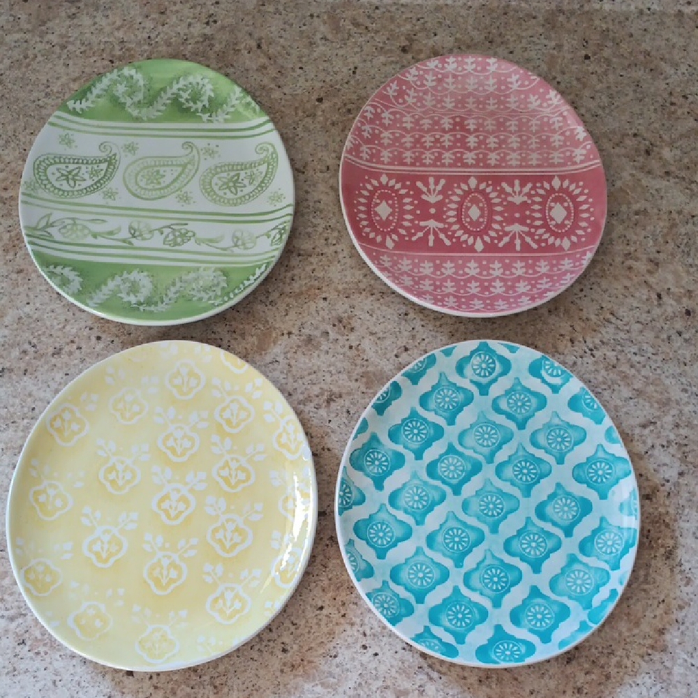 Pottery BarnColorful Paisley & Floral Side Plate Set - Green, Pink, Yellow, Blue